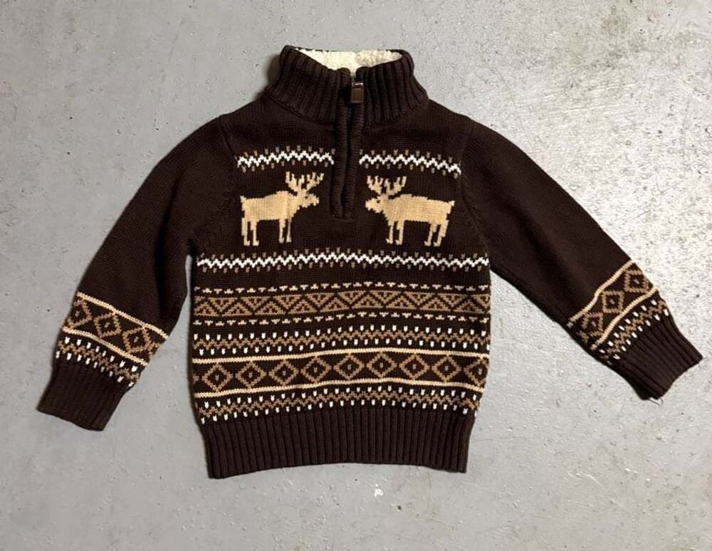 Skyr Fair Isle Moose Half Zip Sweater Size 2T Brown Sherpa Lined